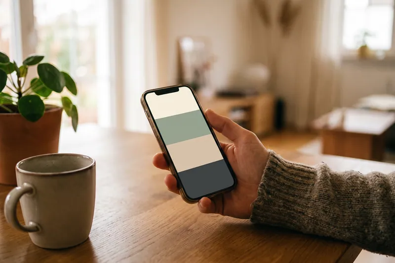 Hand hält Smartphone mit abstrakter Liste.