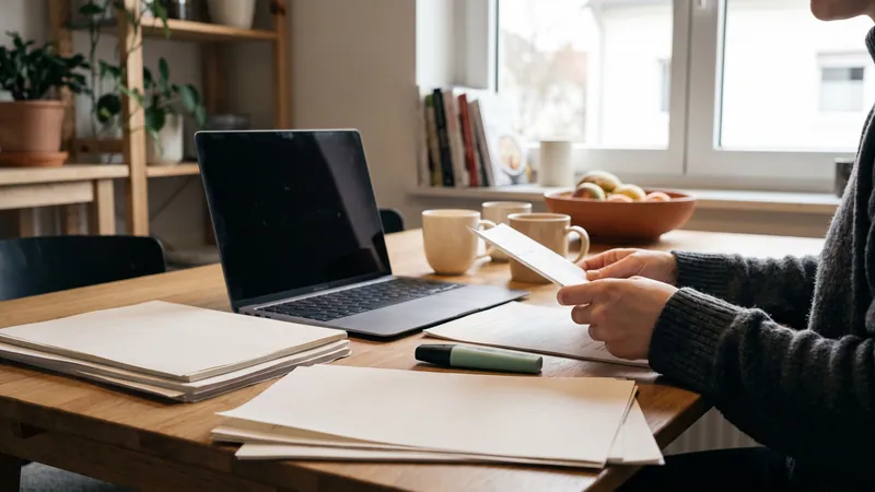 Küchentisch mit Papieren, Textmarker und Laptop.