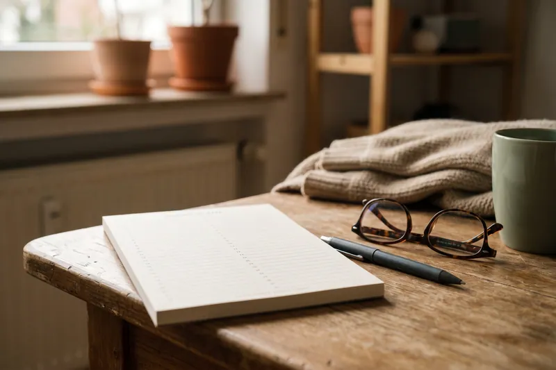 Notizblock mit nummerierten leeren Zeilen, Stift und Brille.