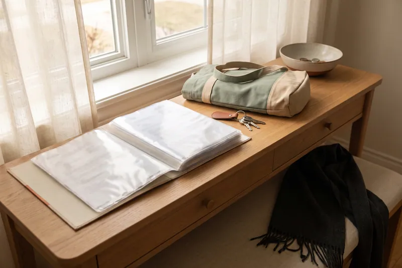 Mappe mit Klarsichthüllen und Tasche auf dem Flurtisch neben Schlüsseln.