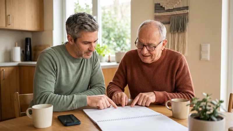 Sohn und Vater gleichen am Küchentisch Kalender und Smartphone ab.
