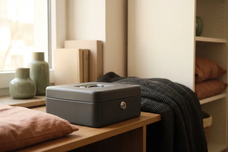 Kleine abschließbare Dokumentenbox im Regal.