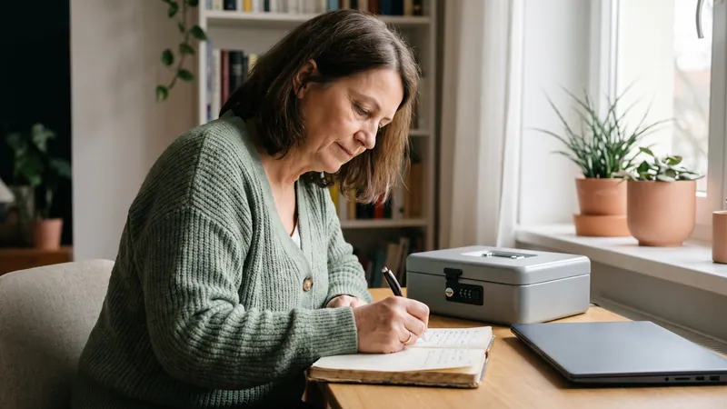 Frau schreibt in ein Notizbuch, daneben eine abschließbare Dokumentenbox.