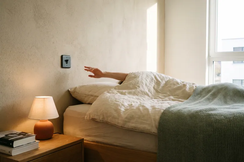 Schlafzimmer mit Nachttischlampe und Schalter in Reichweite.