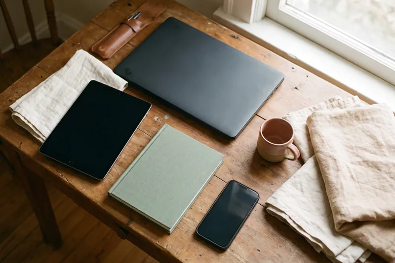 Smartphone, Tablet, Laptop und Notizbuch auf einem Holztisch.