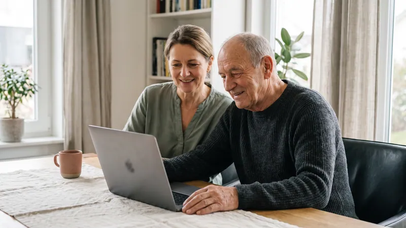 Vater und Tochter schauen gemeinsam auf einen Laptop.
