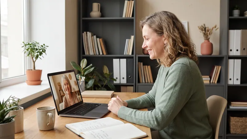 Frau spricht per Videoanruf am Laptop mit ihrer lächelnden Mutter.