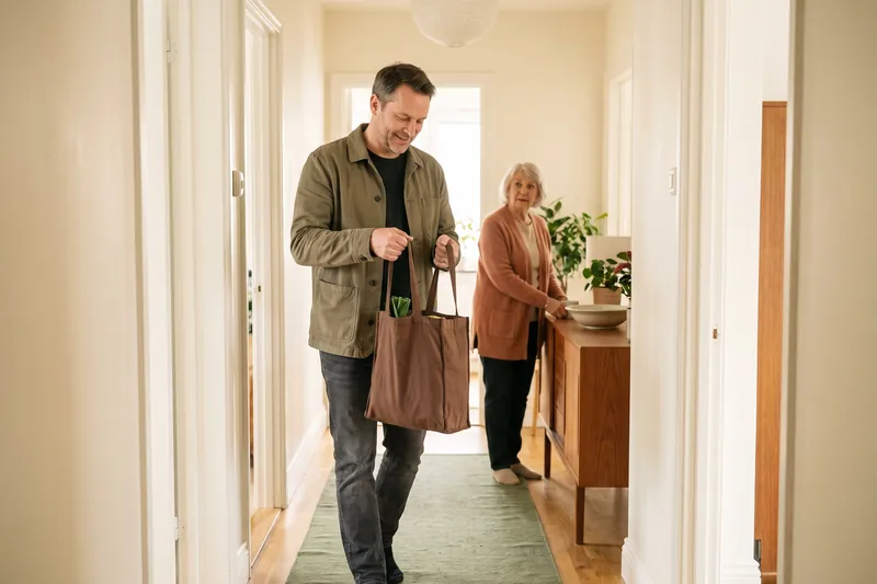 Sohn trägt eine Einkaufstasche in den hellen Flur der elterlichen Wohnung.