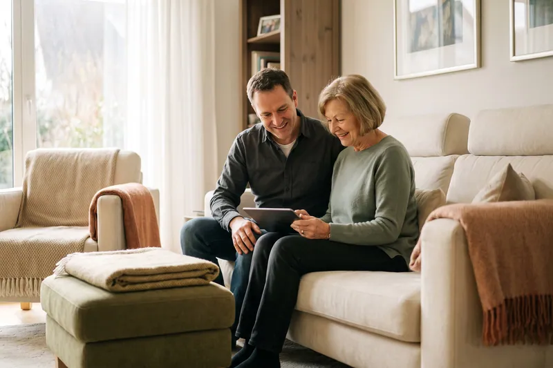 Sohn und Mutter schauen gemeinsam auf ein Tablet und sitzen entspannt auf dem Sofa.