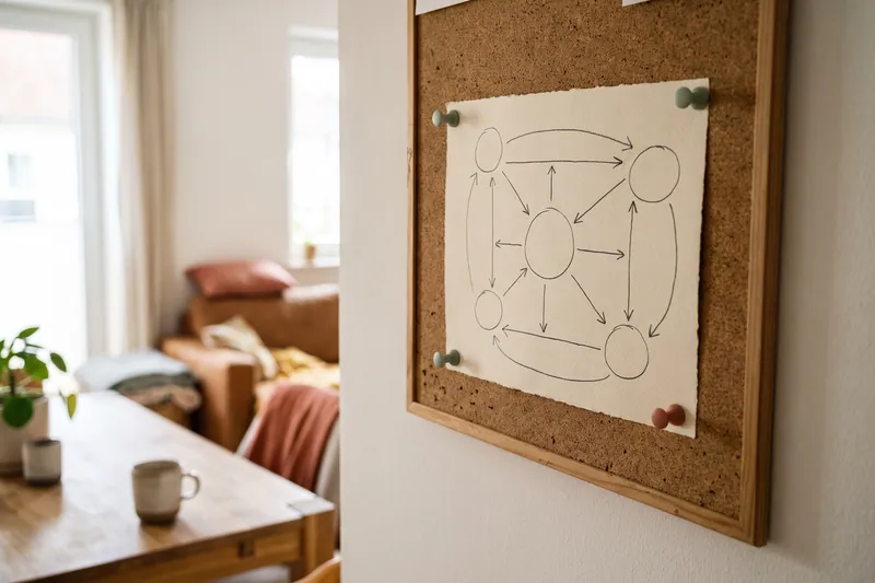 Ausgedruckter Plan mit Diagramm an einer Pinnwand.