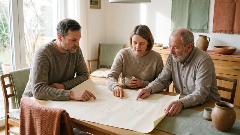 Familie plant gemeinsam mit einem großen Blatt voller Kreise und Pfeile.