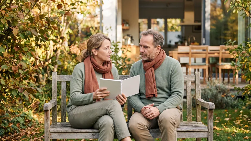 Zwei Erwachsene sitzen mit Notizbuch auf einer Gartenbank.