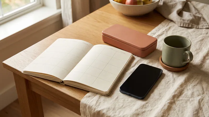 Küchentisch mit Wochenplaner, Wochenbox, Telefon und Kaffee.