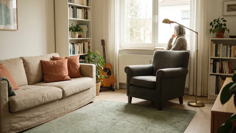 Helles Wohnzimmer mit freien Wegen, Lampen und Sessel.
