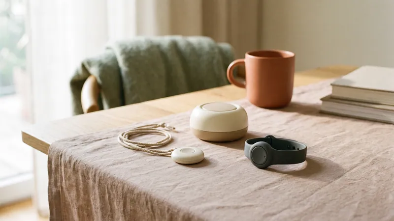 Neutrale Notrufgeräte: Anhänger, Armbandknopf und Basisstation.