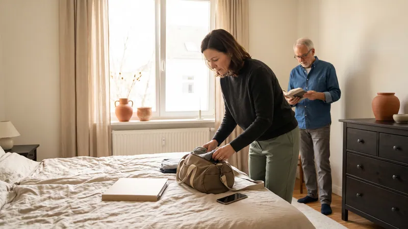 Tochter packt in Ruhe eine Tasche, daneben liegen Mappe und Telefon.