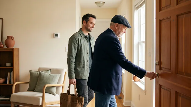 Vater betritt seine Wohnung, der Sohn trägt die Tasche.