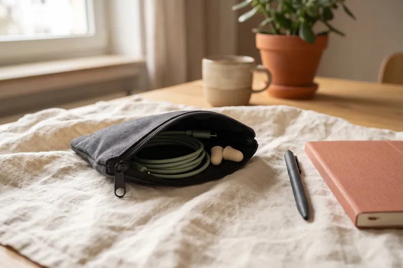 Kleine Tasche mit Ladekabeln, Ohrstöpseln, Stift und Notizbuch.