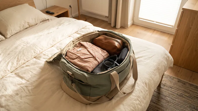 Geöffnete Tasche auf dem Bett mit Schlafanzug, Kulturbeutel, Hausschuhen und Ladekabel.