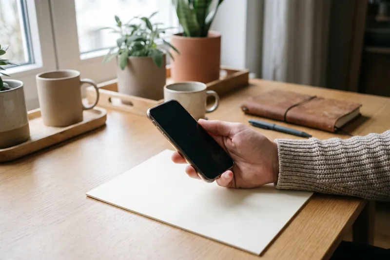Hand scannt ein leeres Blatt mit dem Smartphone.