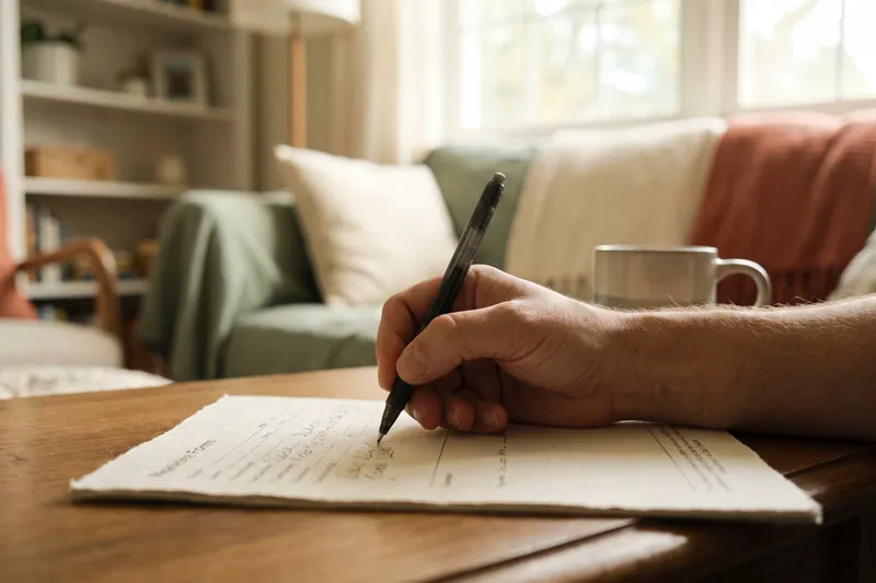 Hand füllt ein Formular mit einem Stift aus.