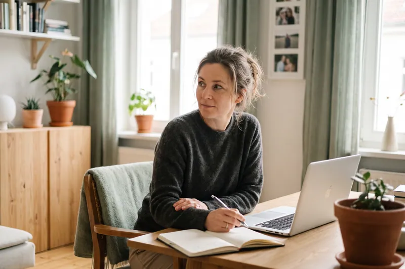 Frau am Laptop schreibt in ein Notizbuch.