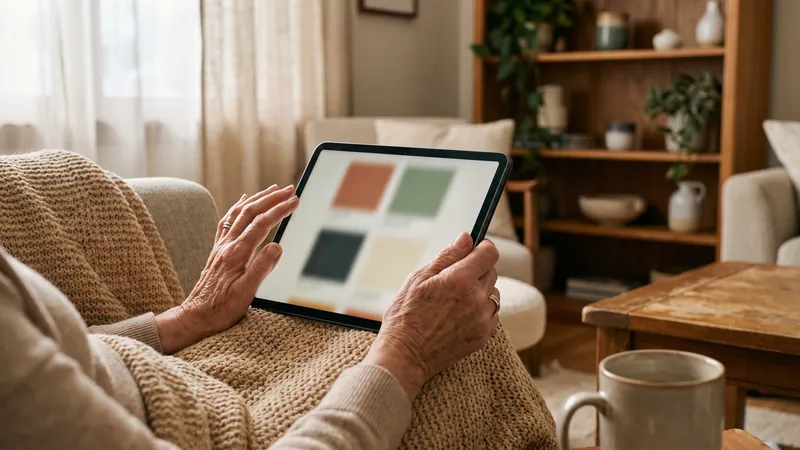 Ältere Hände halten ein Tablet mit abstrakten, farbigen App-Kacheln.