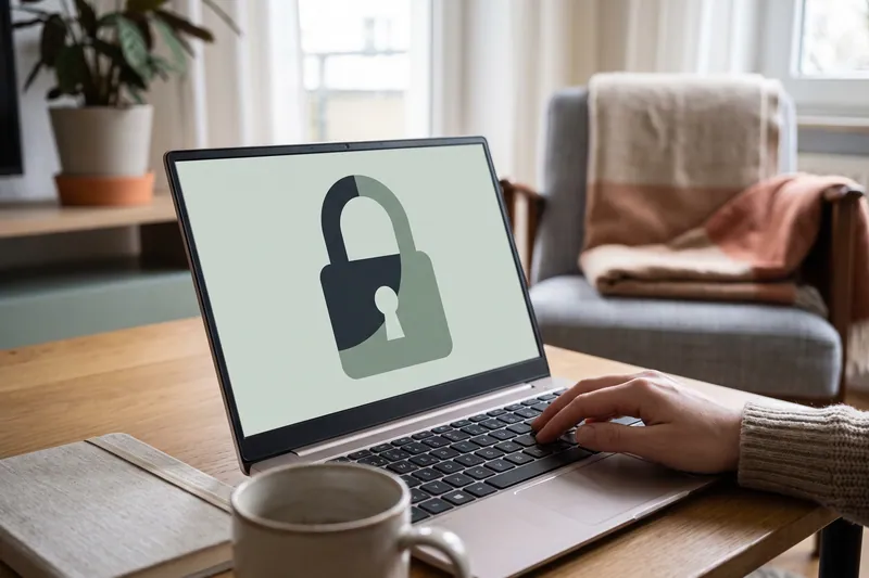 Laptop mit großem, abstraktem Schloss-Symbol.