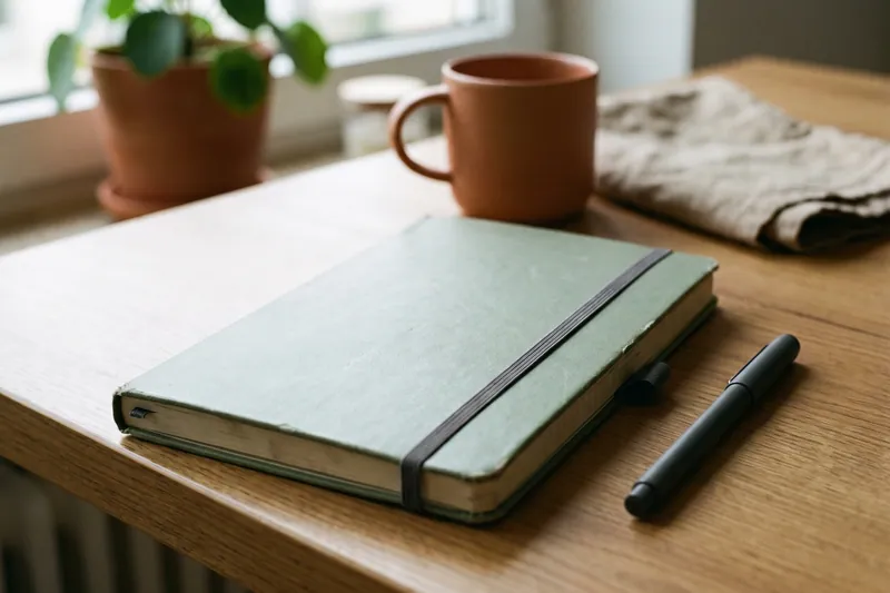 Geschlossenes Notizbuch mit Gummiband und Stift.