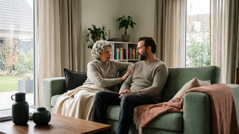 Mutter und Sohn unterhalten sich vertraut auf dem Sofa.