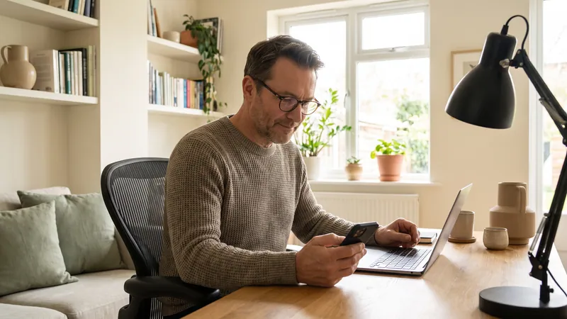 Mann am Büroschreibtisch schaut konzentriert auf den Kalender im Smartphone.