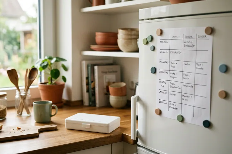 Küche mit Wochenplan am Kühlschrank und geschlossener weißer Wochenbox.