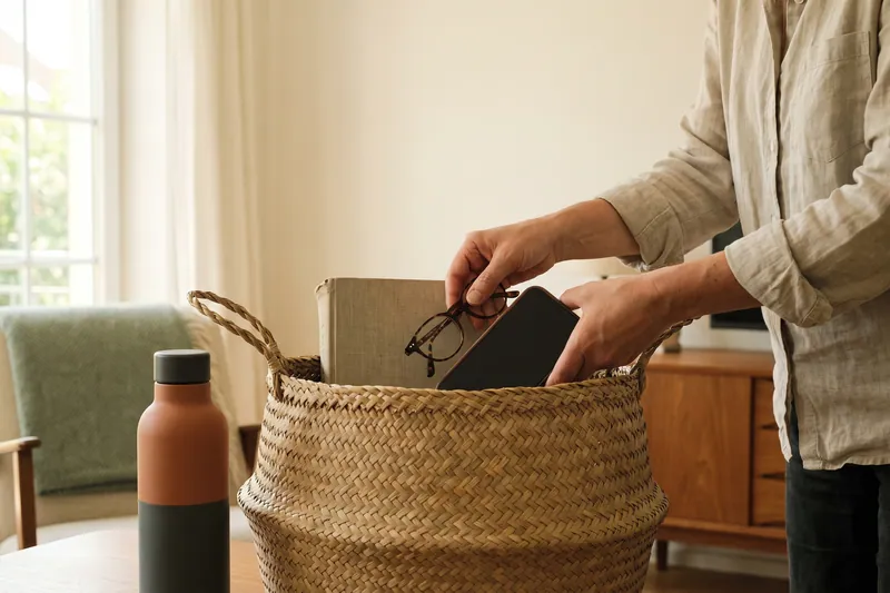 Hände richten einen Korb mit Brille, Telefon, Notizbuch und Wasserflasche ein.