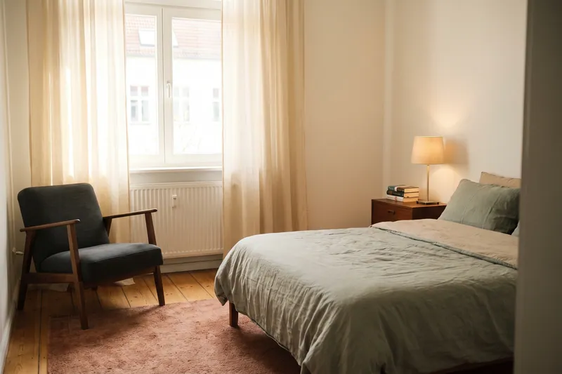 Helles, aufgeräumtes Schlafzimmer mit Nachttischlampe und freiem Boden.