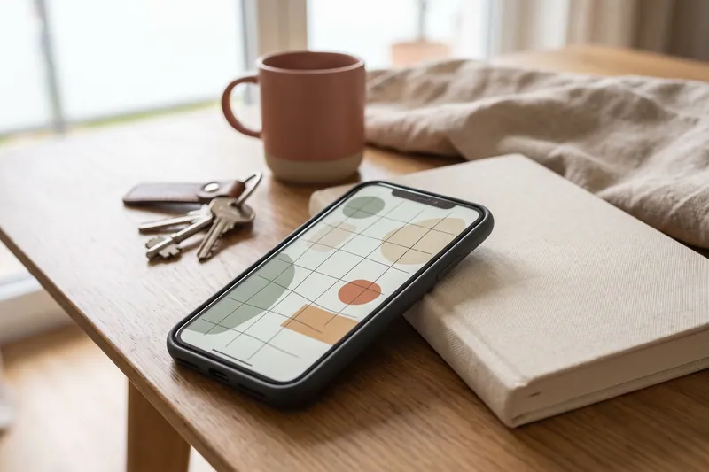Smartphone mit abstrakter Notizansicht neben Notizbuch und Schlüsseln.