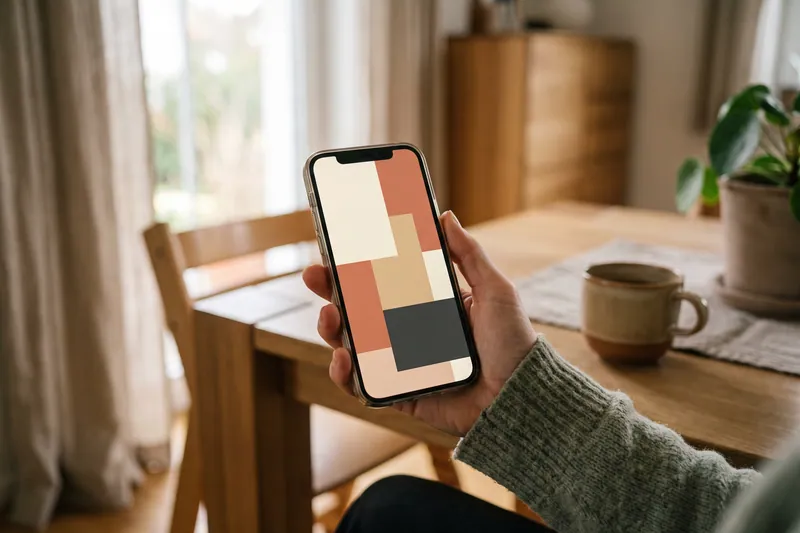 Hand hält Smartphone mit farbigen Kalenderblöcken ohne Text.