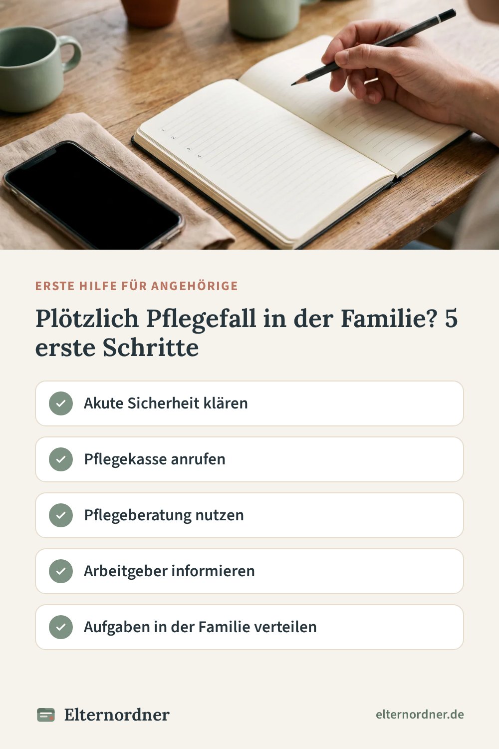 Pinterest-Grafik: Plötzlich Pflegefall in der Familie? 5 erste Schritte