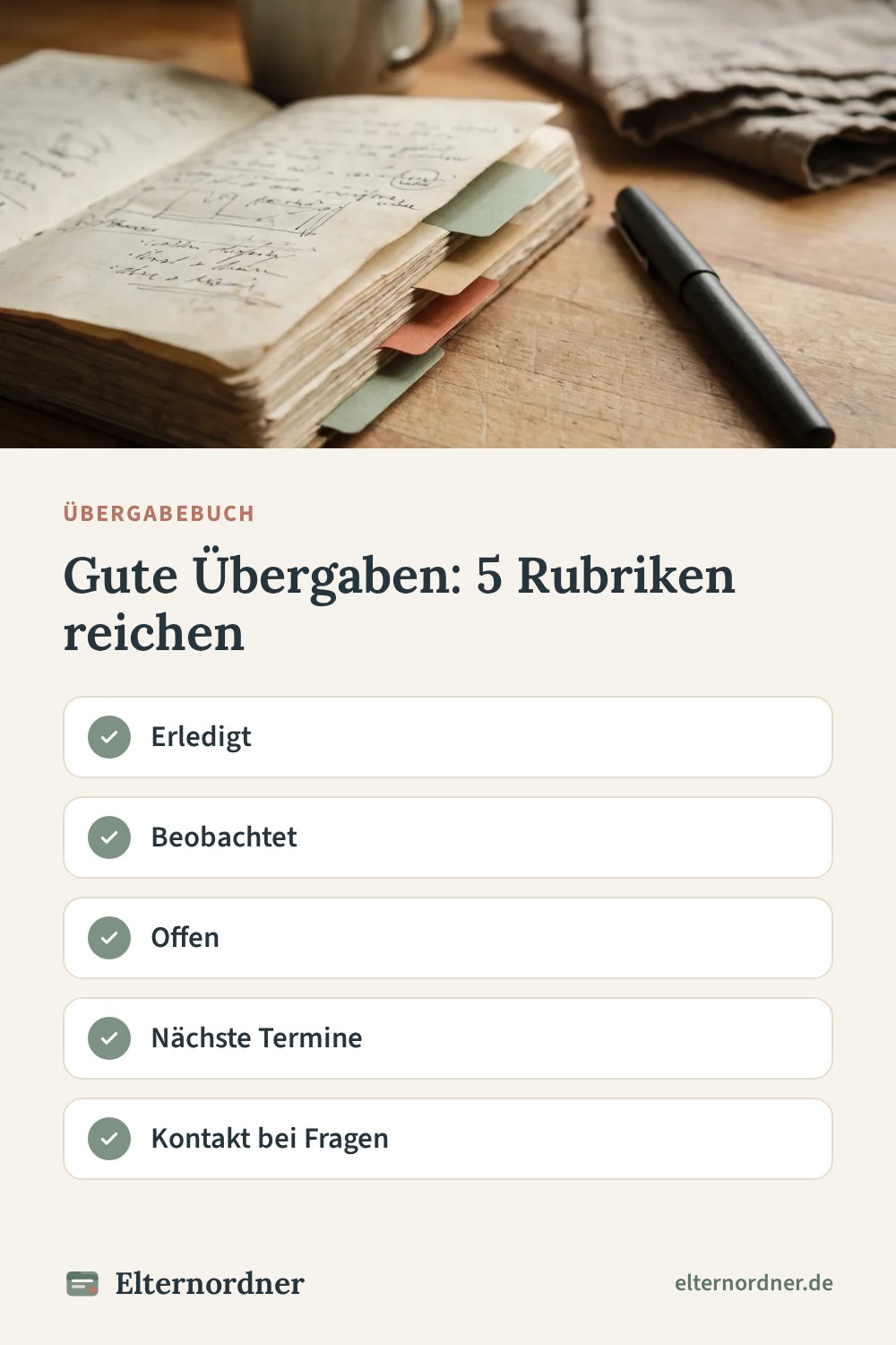 Pinterest-Grafik: Gute Übergaben: 5 Rubriken reichen
