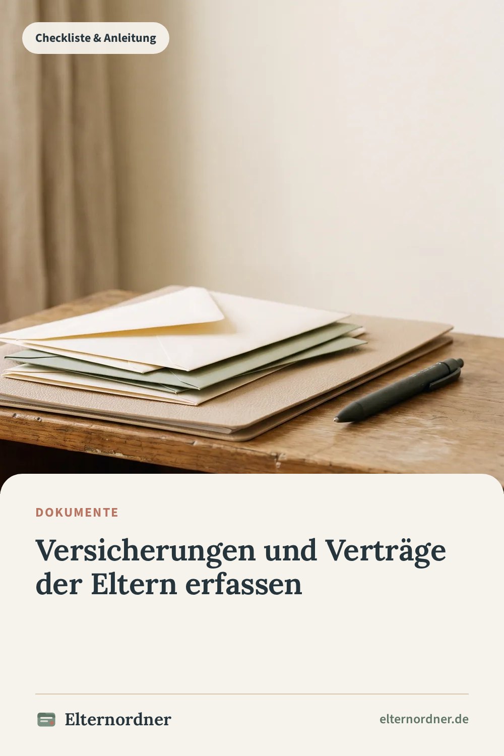 Pinterest-Grafik: Versicherungen und Verträge der Eltern erfassen