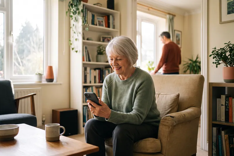 Frau um die siebzig nutzt selbstbewusst ihr Smartphone.