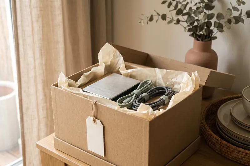 Externe Festplatte und Kabel in einer Box mit leerem Etikett.