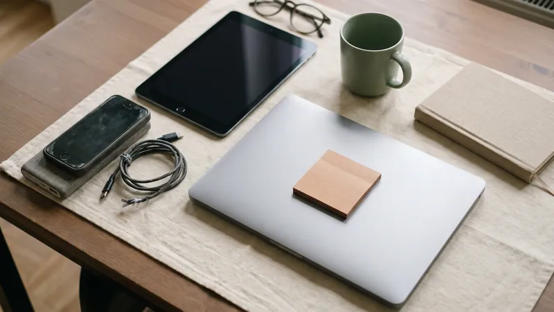Smartphone, Ladegerät, Tablet und Laptop mit leerem Klebezettel.