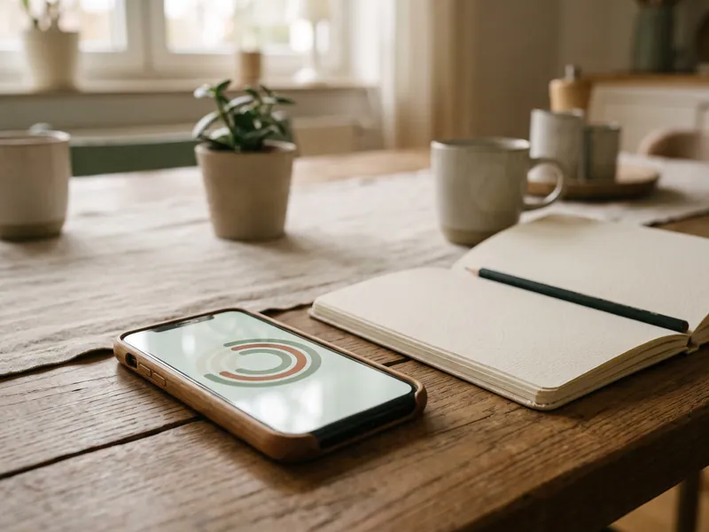 Smartphone mit abstrakten Fortschrittsringen neben einem Notizbuch.