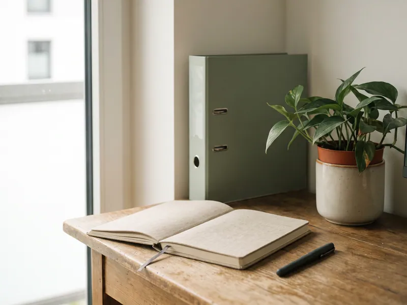 Ruhiger Schreibtisch mit Notizbuch, Pflanze und Ordner.