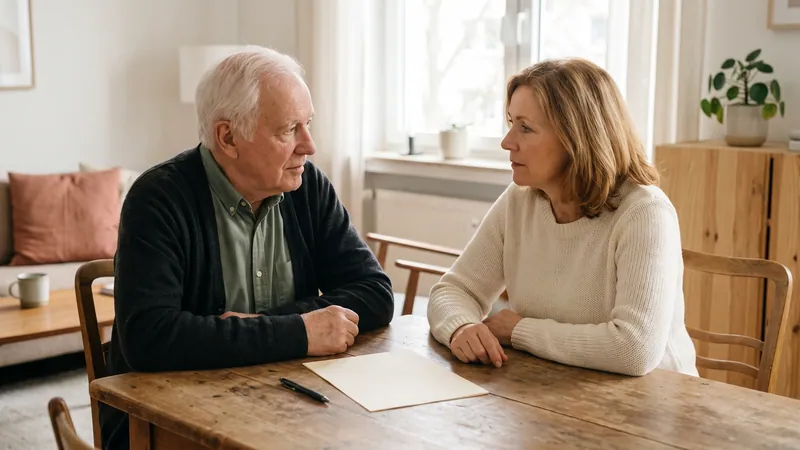Vater und Tochter sitzen mit Stift und leerem Blatt am Tisch.