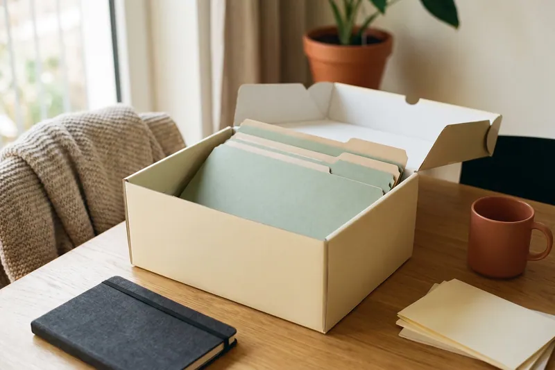 Geöffnete Dokumentenbox mit Mappen in Salbei und Sand.