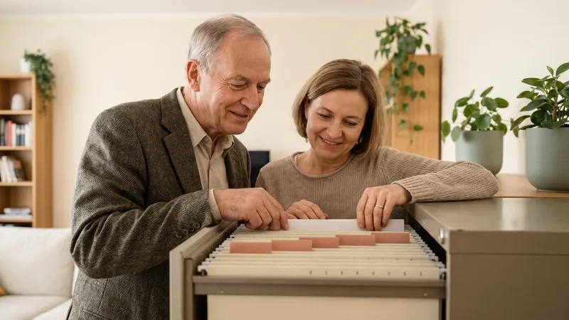 Vater zeigt seiner Tochter eine Schublade mit Hängeregistern.