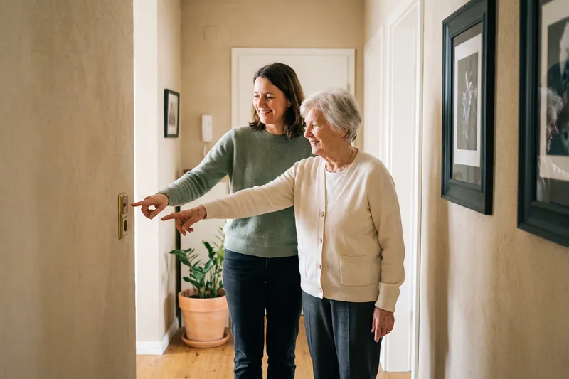 Tochter und Mutter gehen gemeinsam durch die Wohnung.