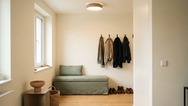 Heller, aufgeräumter Flur mit Bank und Garderobe.